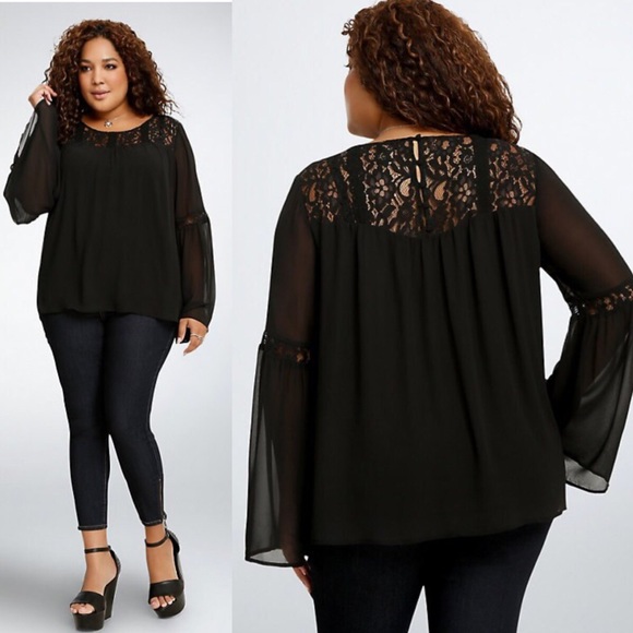 torrid Tops - Torrid | Black Lace Chiffon Blouse Bell Sleeve XL